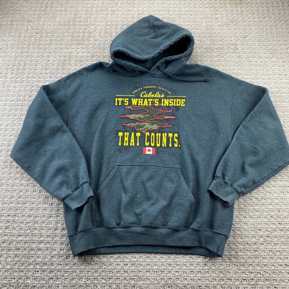 Gildan Sweater Men L Gray Hoodie Pullover Sweatshirt Cabela's Camping Outdoors